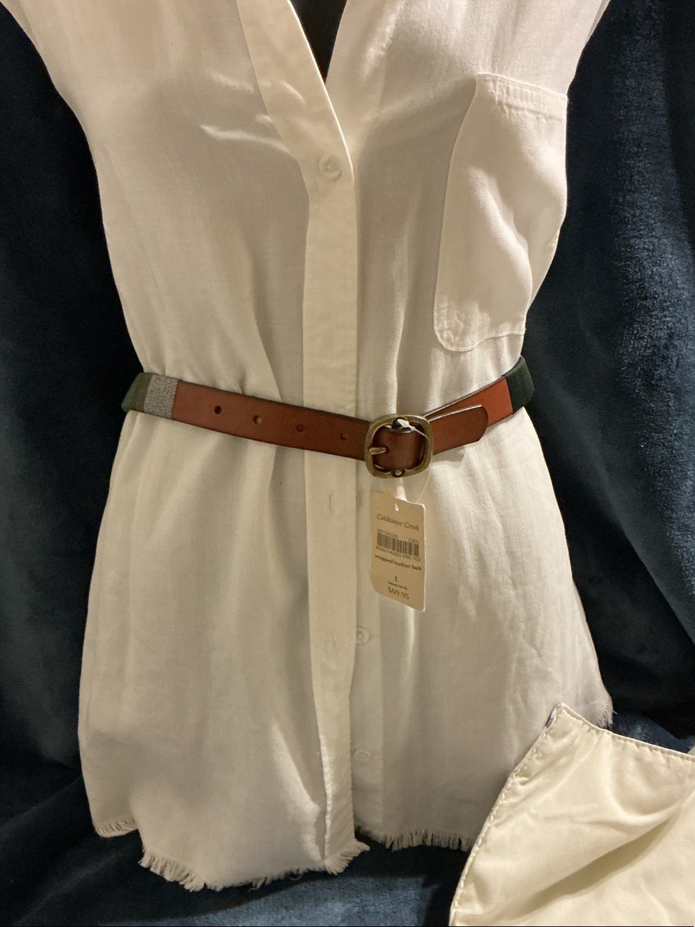 Coldwater Creek Tan and Olive Leather Belt with Gold Buckle